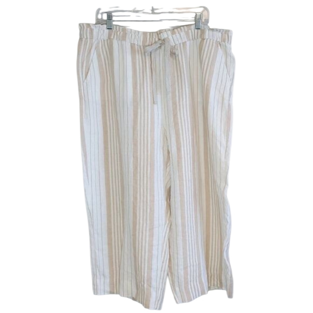 Chico's Striped Linen Cropped Coastal Contemporary Pants Sz 3 US 16 Beach Casual